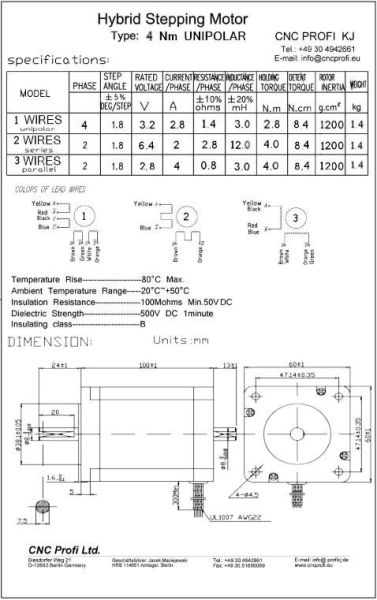 Schrittmotor - 4 Nm 8 Kabel-Unipolar- 2 Wellenenden Welle fi. 8 mm - Flansch 60 mm